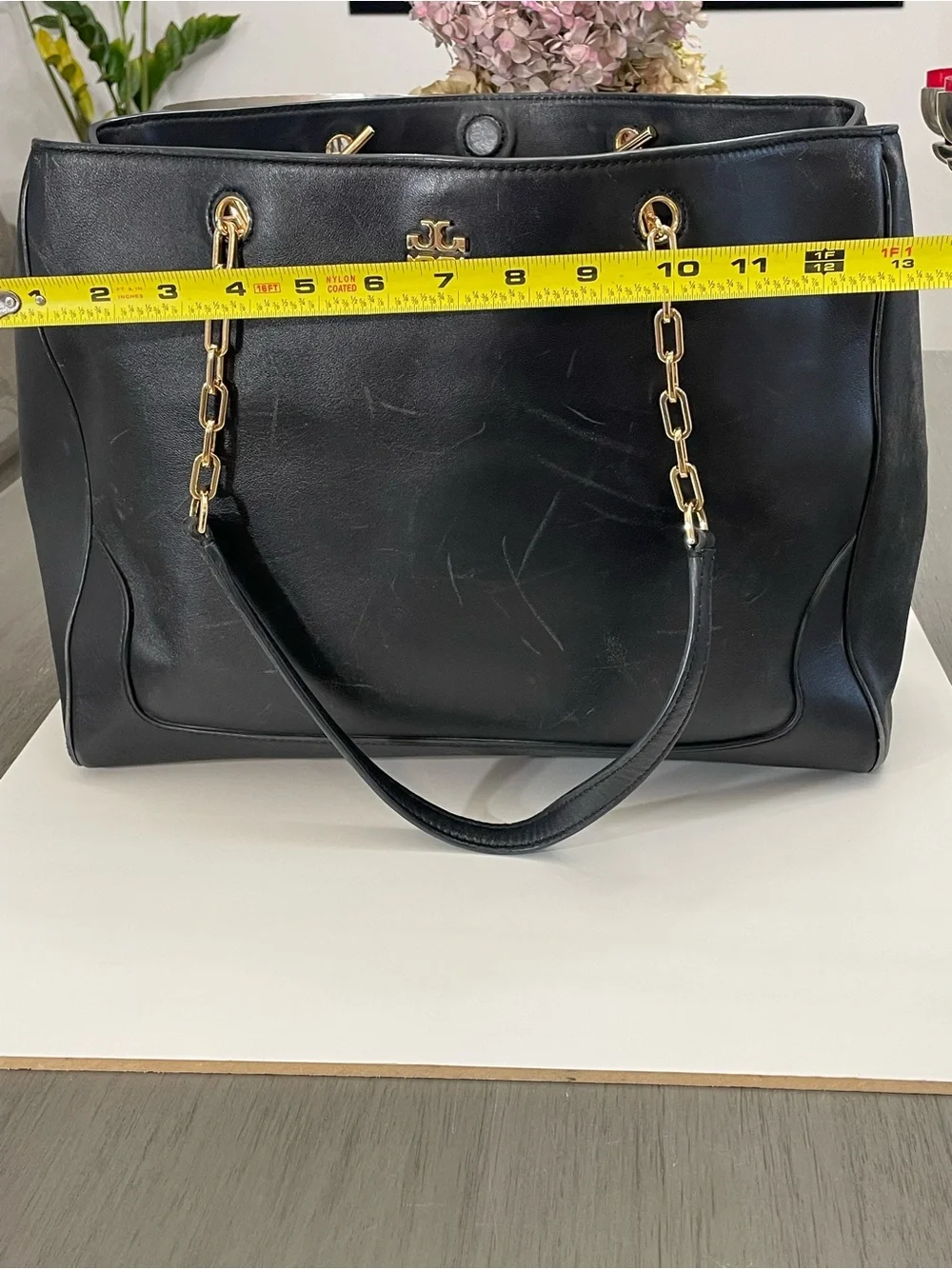 Tory Burch Black Leather Chain Tote Shoulder Bag Large Gold Logo Authentic